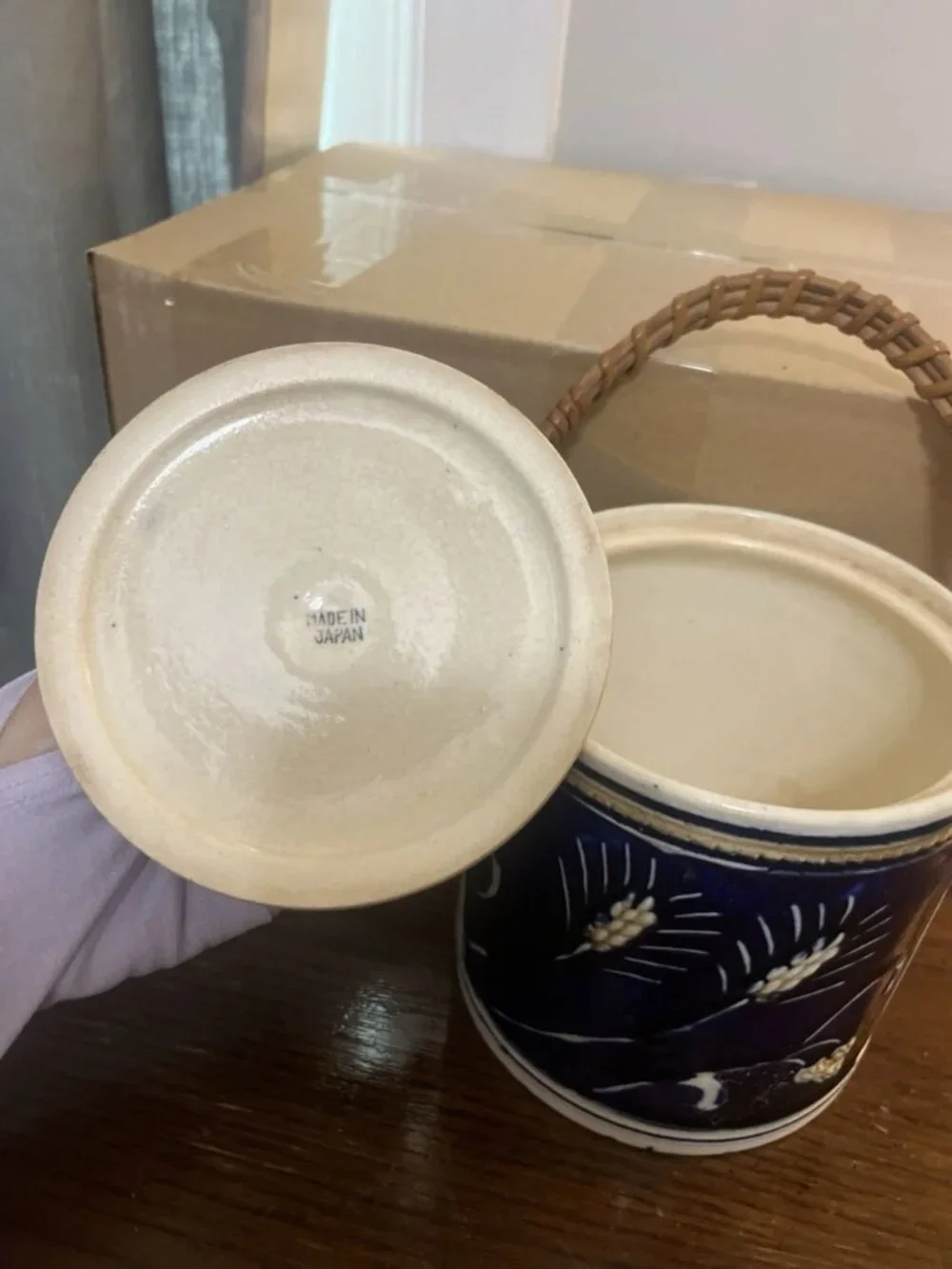 Vintage 1950 Salt Glaze Tobacco Jar Biscuit Japan Bosque Ice Bucket Wheat Wicker